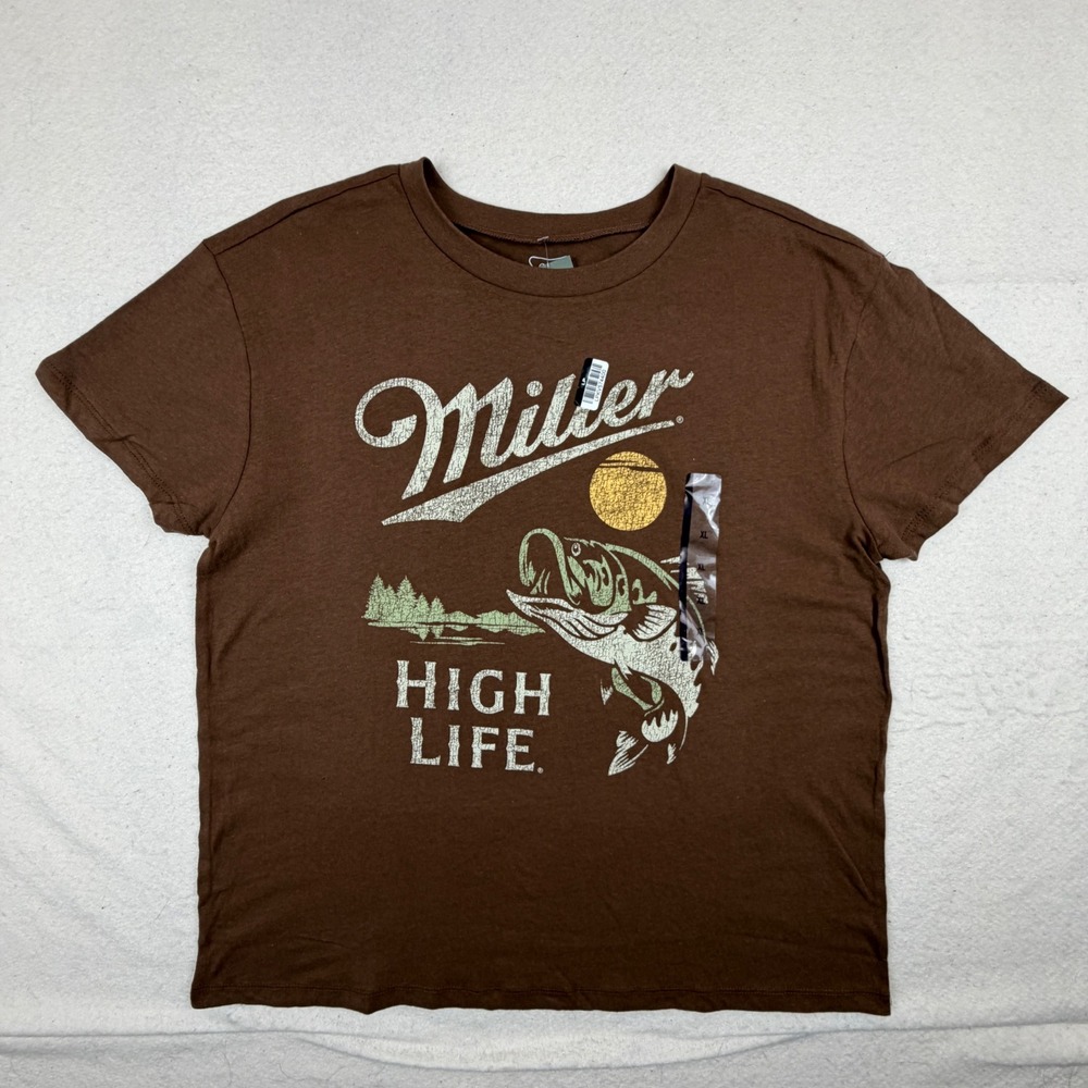 Miller High Life Bass Fishing Graphic T-Shirt Brown Cotton XL MCMYY3WWSC